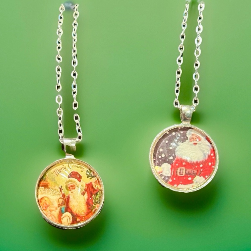 Festive Santa Pendant Necklaces Set Of 2 Silver Tone 24” Chain NWOT